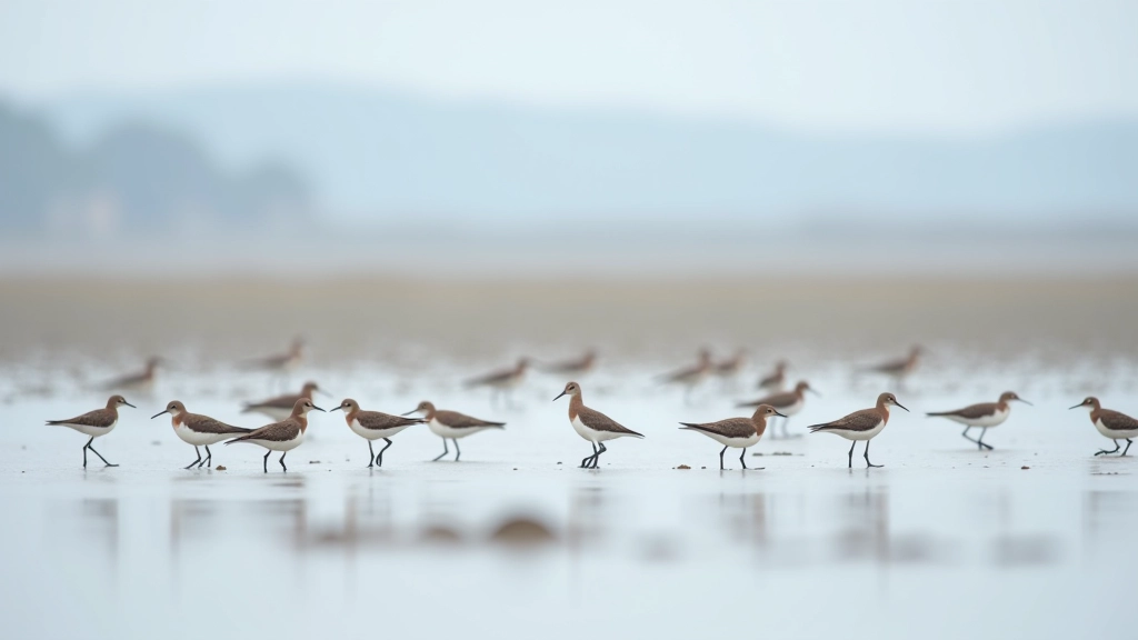A flock of wading birds including curlews and redshanks resting on mudflats at low tide during autumn migration