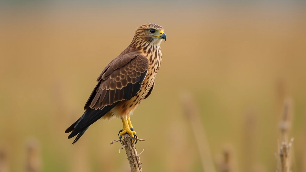 Detailed close-up view of a marsh harrier perched on dried reed stems, showing distinctive plumage markings and hunting posture