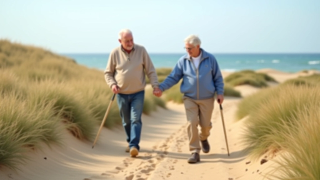 Older couple walking together on coastal path, holding hands, serene nature setting