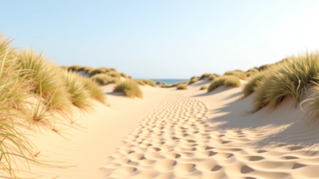 Coastal dune landscape with wind-sculpted sand formations and beach vegetation