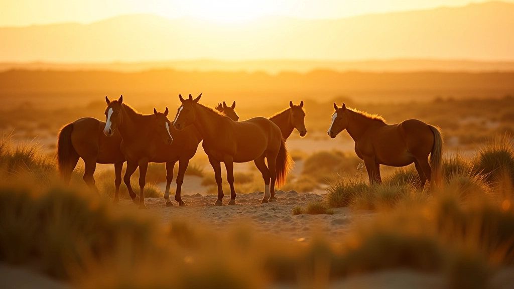 Wild horses in coastal dune landscape