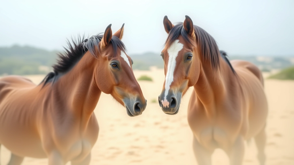 Two wild horses facing each other, ears forward, engaged in social communication