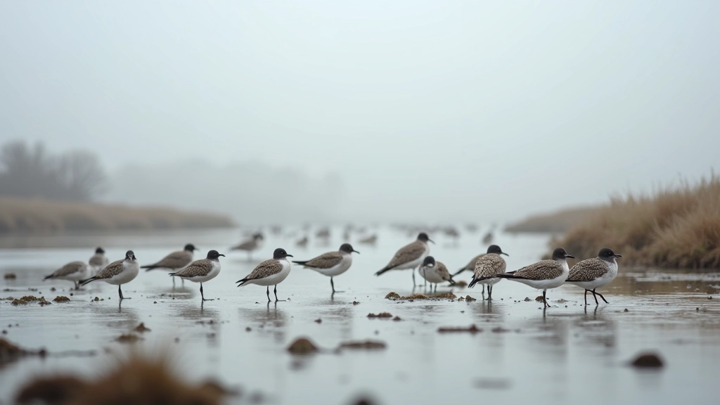 Wading birds and seagulls on coastal shore