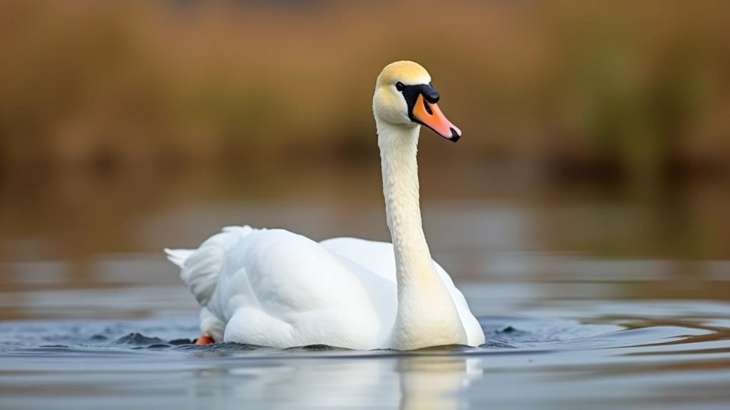 Close-up of a whooper swan with distinctive yellow and black head markings swimming in calm water with reed beds in background