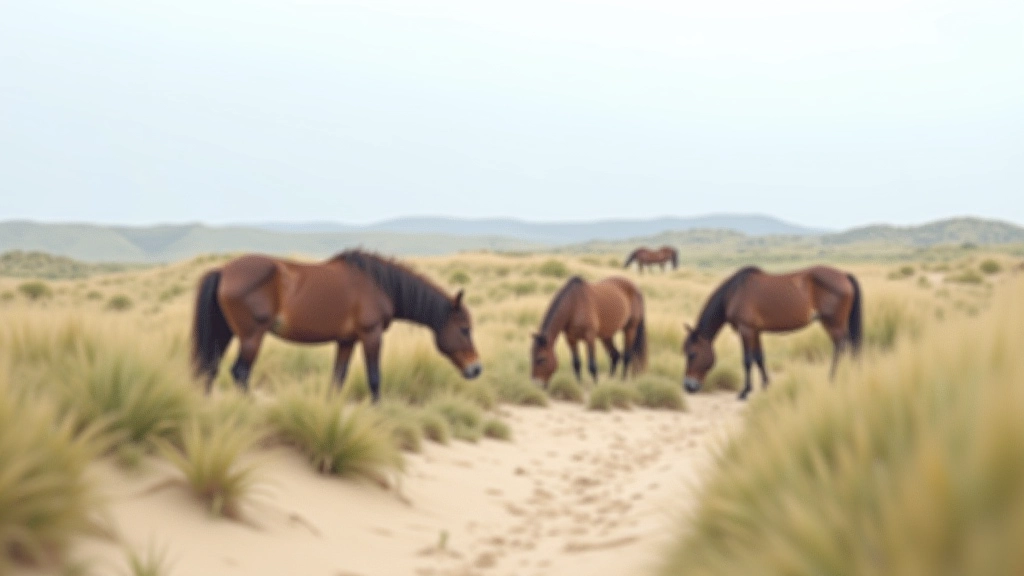 Wild horses grazing peacefully on coastal sand dunes with sea grass