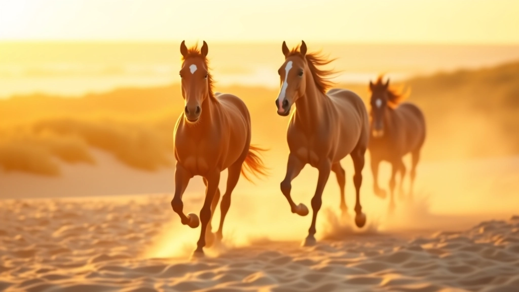 Wild horses running freely on coastal sand dunes at sunset