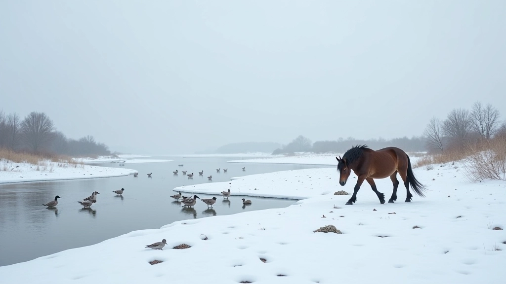 Winter landscape of Pape Nature Reserve with snow-covered ground, frozen water surfaces, and winter-resident birds including gulls and ducks